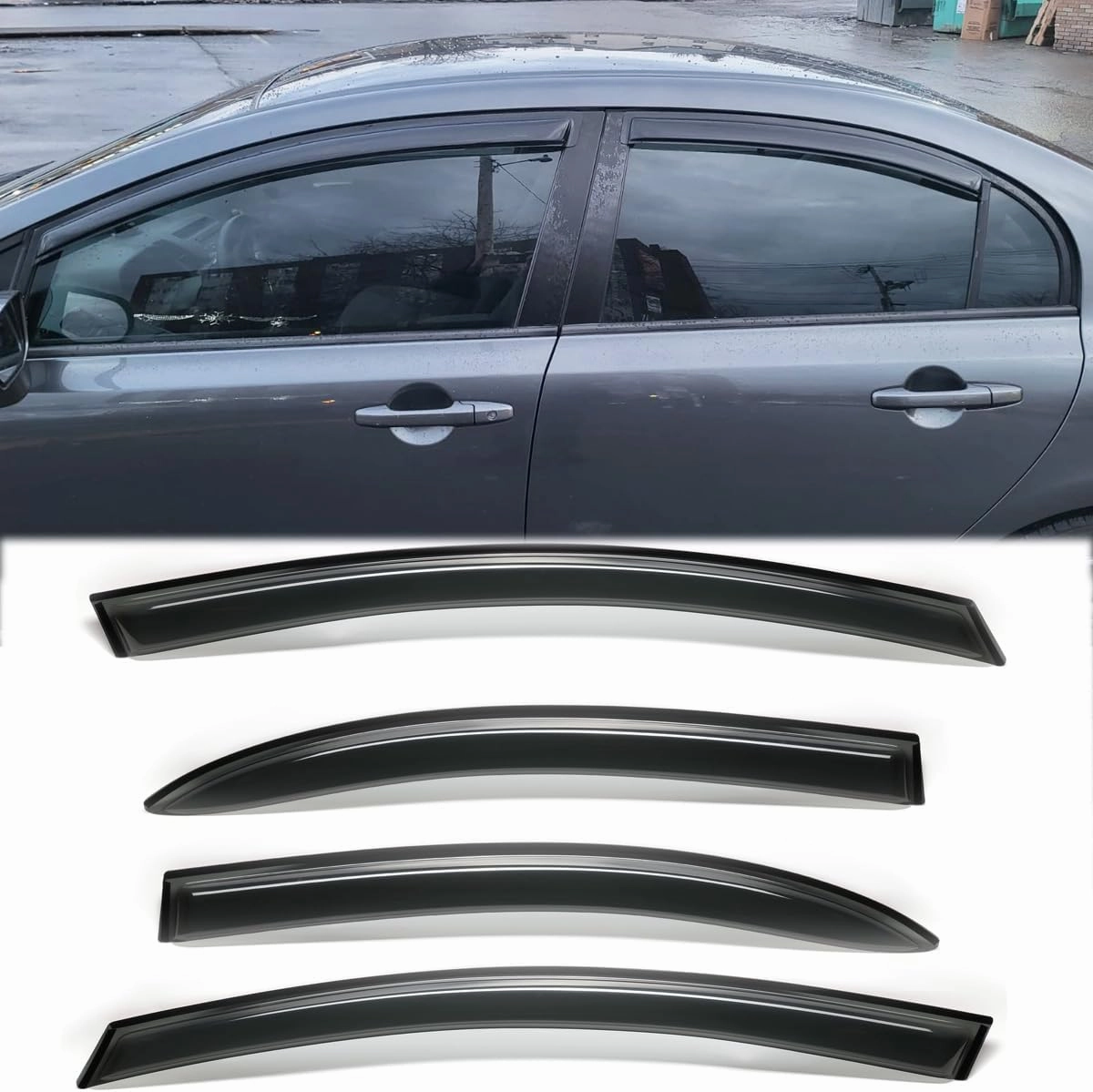 4pcs Original Shatterproof Outside Mount Style Sun Rain Guards Side Window Wind Deflectors Dark Smoke Nice Looking Vent Window Visors Compatible with 2006-2011 Civic 4-Door Sedan 94944