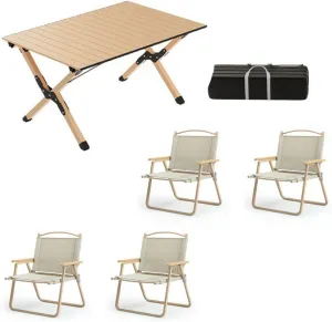 5-pcs Portable Camping Table and Chairs, Folding Aluminum Roll-up Picnic Backpacking Table with Lightweight Lawn Chairs and Carrying Bag, Easy Carrying