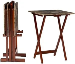 5 Piece Set Faux Marble TV Tray Table Stand in Brown, 4 Tray Tables & 1 Stand