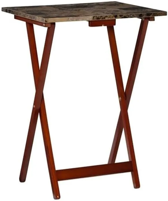 5 Piece Set Faux Marble TV Tray Table Stand in Brown, 4 Tray Tables & 1 Stand