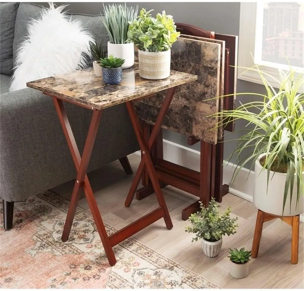 5 Piece Set Faux Marble TV Tray Table Stand in Brown, 4 Tray Tables & 1 Stand