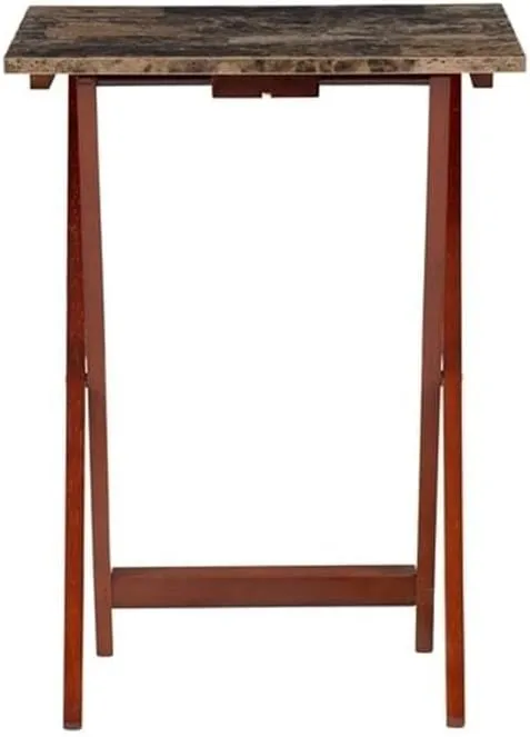 5 Piece Set Faux Marble TV Tray Table Stand in Brown, 4 Tray Tables & 1 Stand
