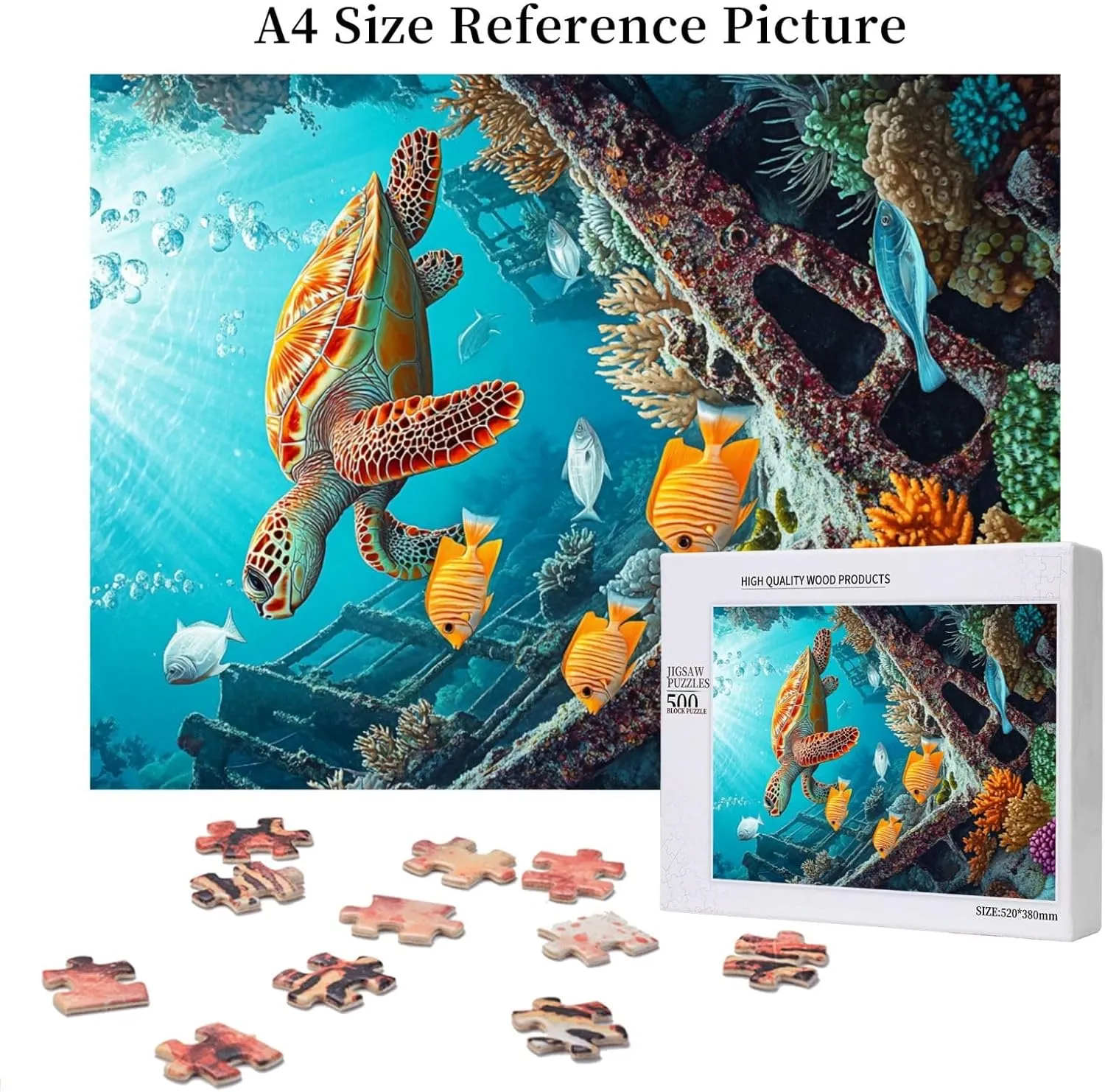 500 Pcs Adult Wood Puzzle,Sea Turtles in Aquatic Wonder, Bright Fish,Let Your Imagination Run Wild，Creative Play，Exercise Hands-On Skills，Holiday Party Gifts Artwork Wall Home Decor