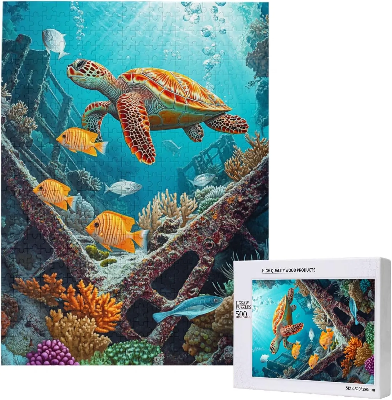 500 Pcs Adult Wood Puzzle,Sea Turtles in Aquatic Wonder, Bright Fish,Let Your Imagination Run Wild，Creative Play，Exercise Hands-On Skills，Holiday Party Gifts Artwork Wall Home Decor