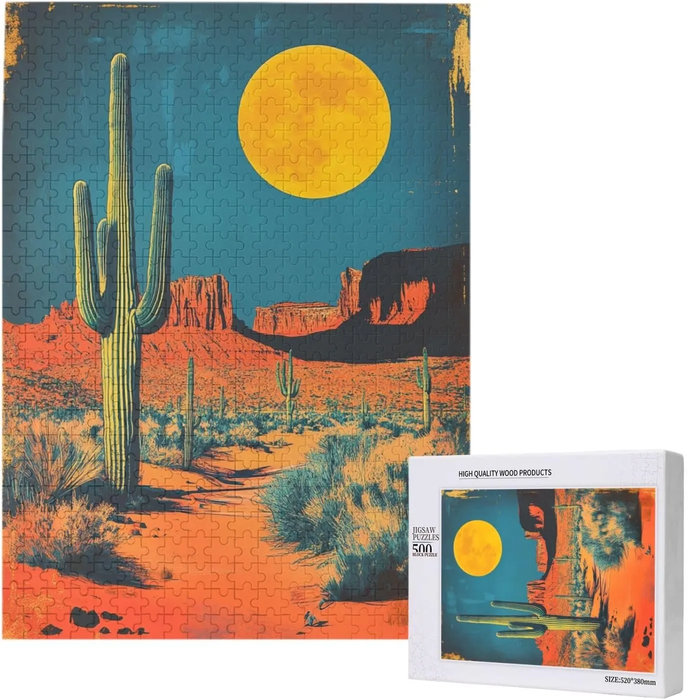 500 Pcs Wooden Jigsaw Puzzle for Adults,Vintage-Style Desert Landscape with Towering Saguaros,Stress Relief Activity,Retro Southwest Artwork,Brain Training Challenge,Eco-Friendly Piece
