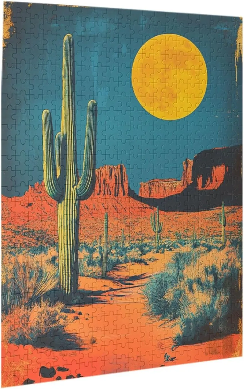 500 Pcs Wooden Jigsaw Puzzle for Adults,Vintage-Style Desert Landscape with Towering Saguaros,Stress Relief Activity,Retro Southwest Artwork,Brain Training Challenge,Eco-Friendly Piece