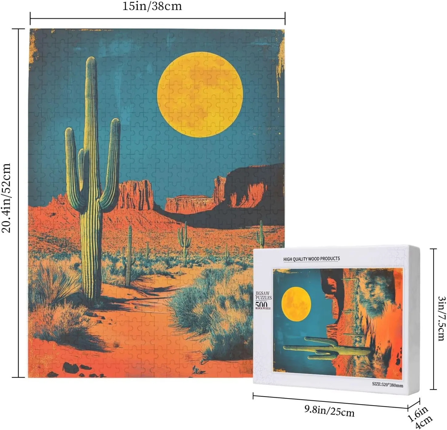 500 Pcs Wooden Jigsaw Puzzle for Adults,Vintage-Style Desert Landscape with Towering Saguaros,Stress Relief Activity,Retro Southwest Artwork,Brain Training Challenge,Eco-Friendly Piece