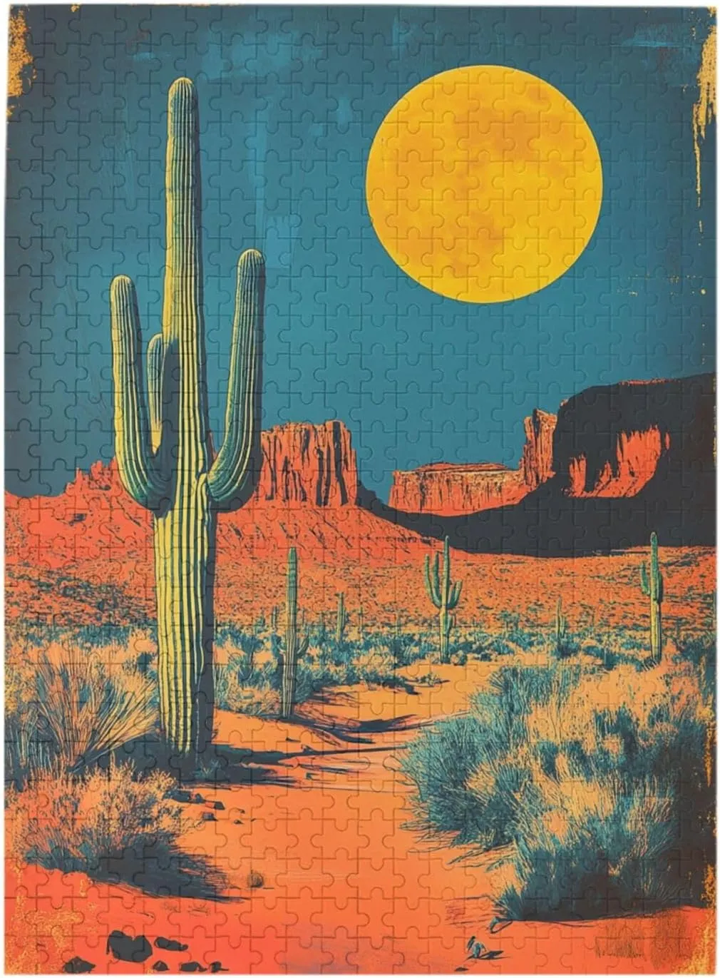 500 Pcs Wooden Jigsaw Puzzle for Adults,Vintage-Style Desert Landscape with Towering Saguaros,Stress Relief Activity,Retro Southwest Artwork,Brain Training Challenge,Eco-Friendly Piece