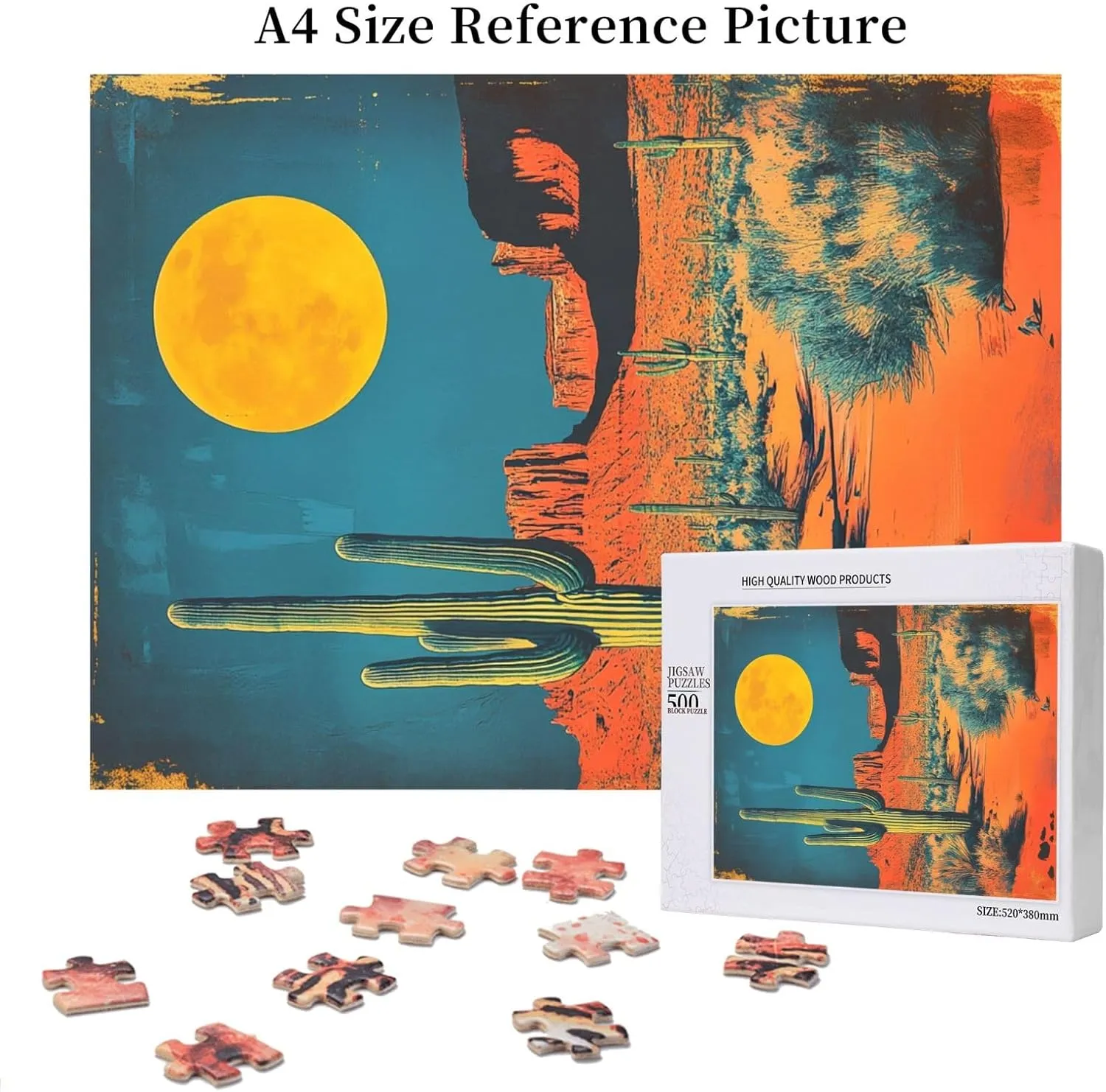 500 Pcs Wooden Jigsaw Puzzle for Adults,Vintage-Style Desert Landscape with Towering Saguaros,Stress Relief Activity,Retro Southwest Artwork,Brain Training Challenge,Eco-Friendly Piece