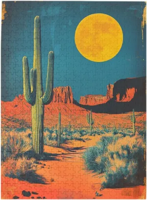 500 Pcs Wooden Jigsaw Puzzle for Adults,Vintage-Style Desert Landscape with Towering Saguaros,Stress Relief Activity,Retro Southwest Artwork,Brain Training Challenge,Eco-Friendly Piece