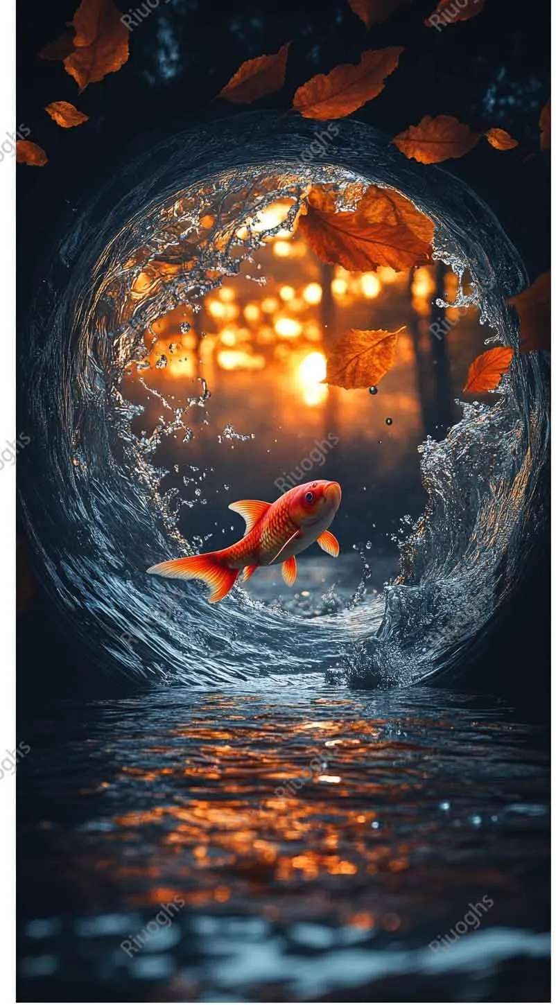 500 Piece Jigsaw Puzzle for Adults Vintage Magical Koi Fish Jumping Water Vortex Autumn Sunset Surreal Fantasy Nature Print Challenging and Fun Puzzle Game Puzzle Family Game Night Gift