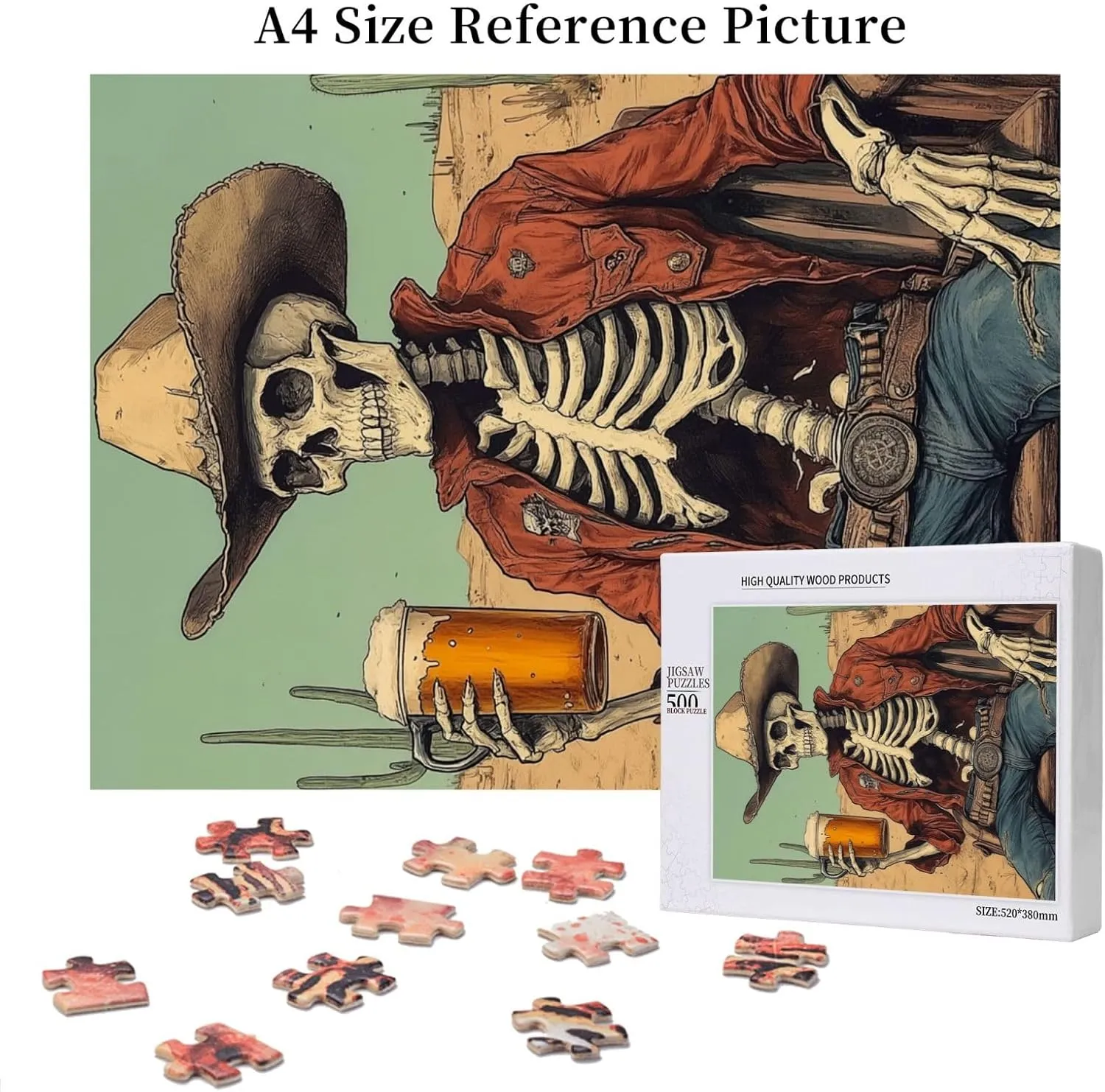 500 Piece Wooden Puzzle for Adults, Thirsty Skeleton Cowboy Beer in Desert,Brain Training Challenge, Stress Relief Activity,Dark Humor Western Artwork,Gifts for Family and Friends