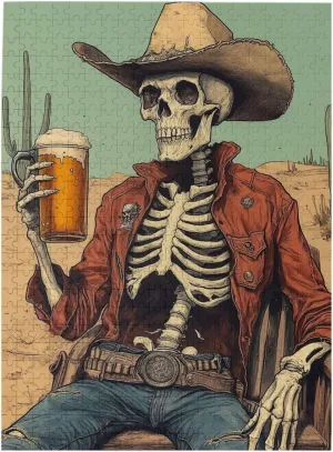 500 Piece Wooden Puzzle for Adults, Thirsty Skeleton Cowboy Beer in Desert,Brain Training Challenge, Stress Relief Activity,Dark Humor Western Artwork,Gifts for Family and Friends