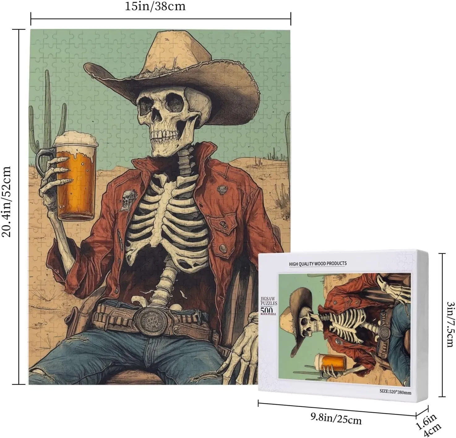 500 Piece Wooden Puzzle for Adults, Thirsty Skeleton Cowboy Beer in Desert,Brain Training Challenge, Stress Relief Activity,Dark Humor Western Artwork,Gifts for Family and Friends