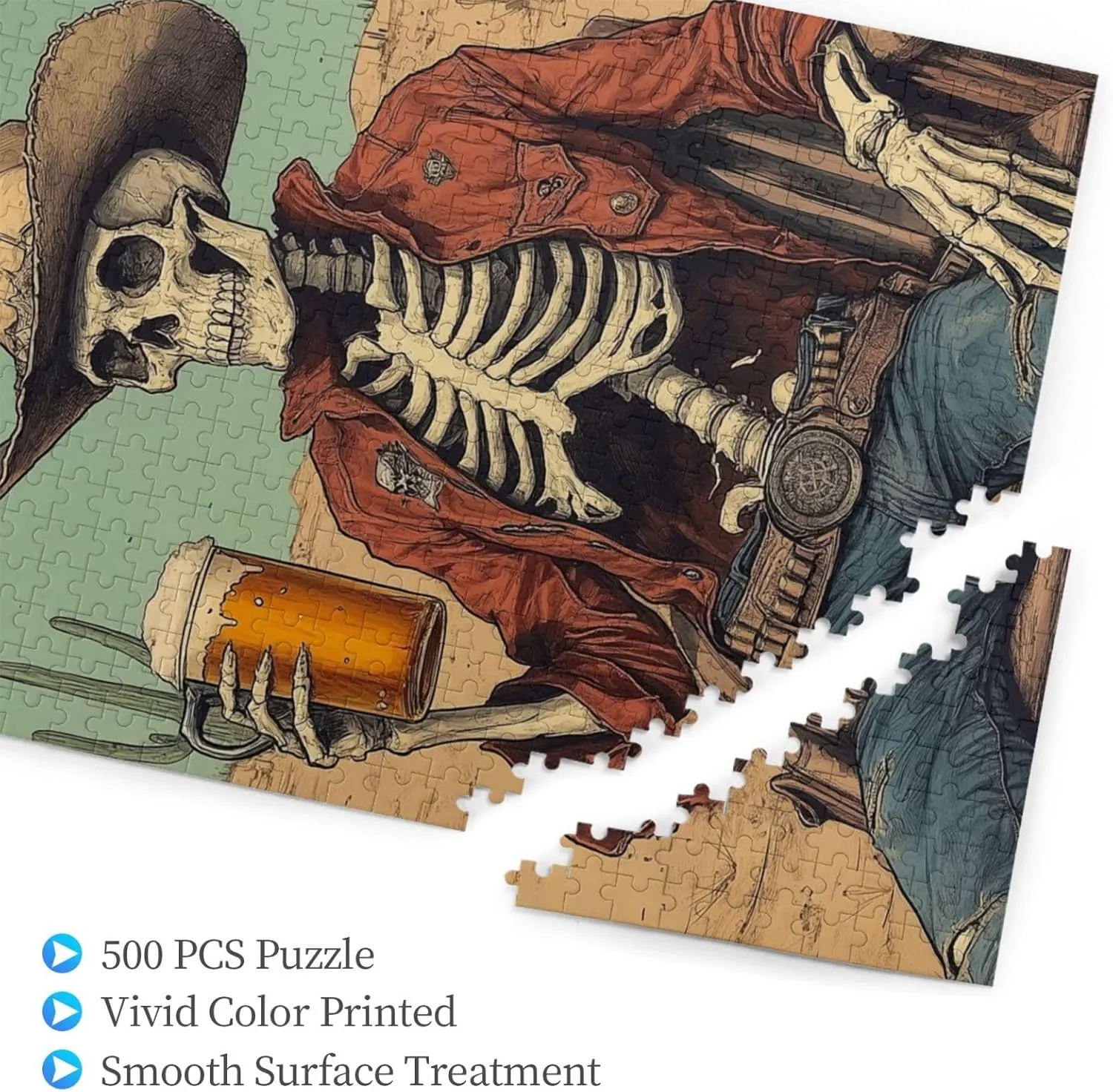 500 Piece Wooden Puzzle for Adults, Thirsty Skeleton Cowboy Beer in Desert,Brain Training Challenge, Stress Relief Activity,Dark Humor Western Artwork,Gifts for Family and Friends