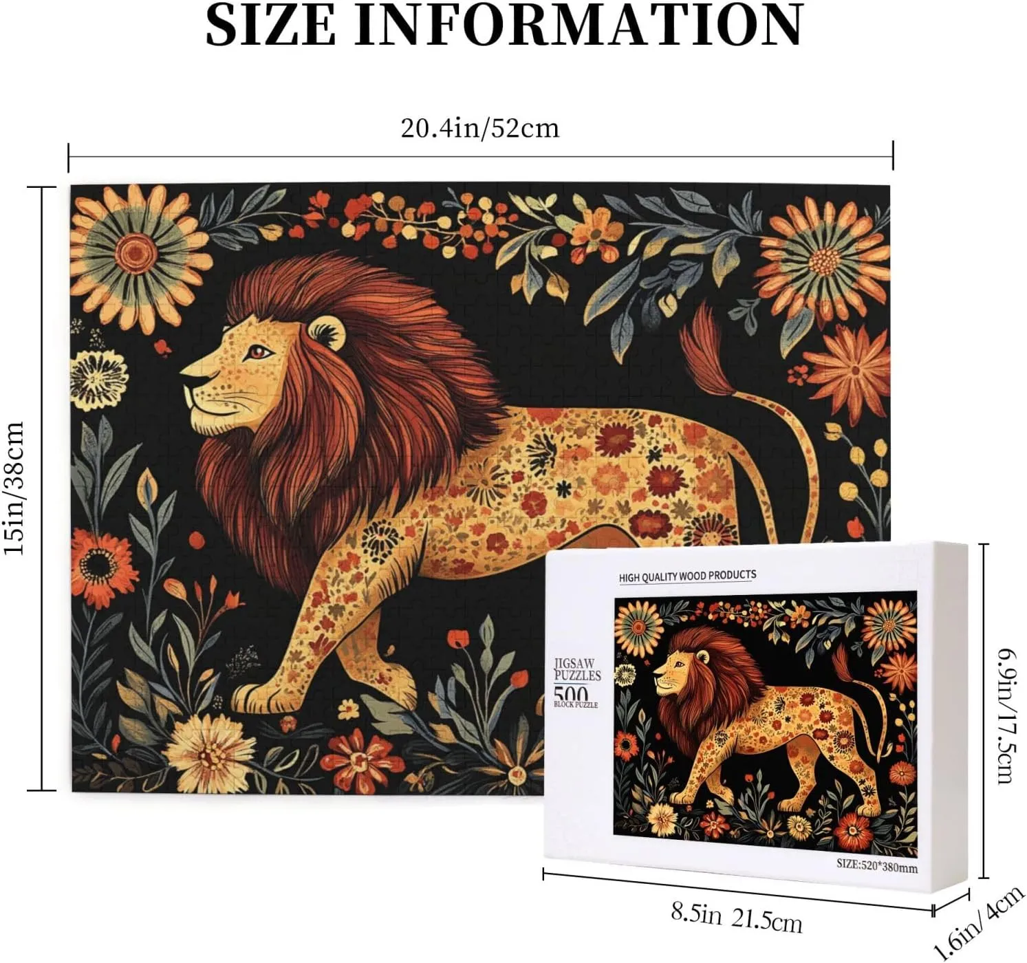 500-piece Wooden Puzzle - Lion in Floral Paradise,Detailed Animal Portrait with Blooms,Relaxing Focus Activity,Premium Precision-Cut Pieces，Enjoy The plzzles Solving Process
