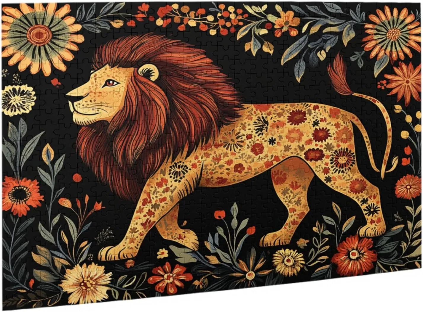 500-piece Wooden Puzzle - Lion in Floral Paradise,Detailed Animal Portrait with Blooms,Relaxing Focus Activity,Premium Precision-Cut Pieces，Enjoy The plzzles Solving Process