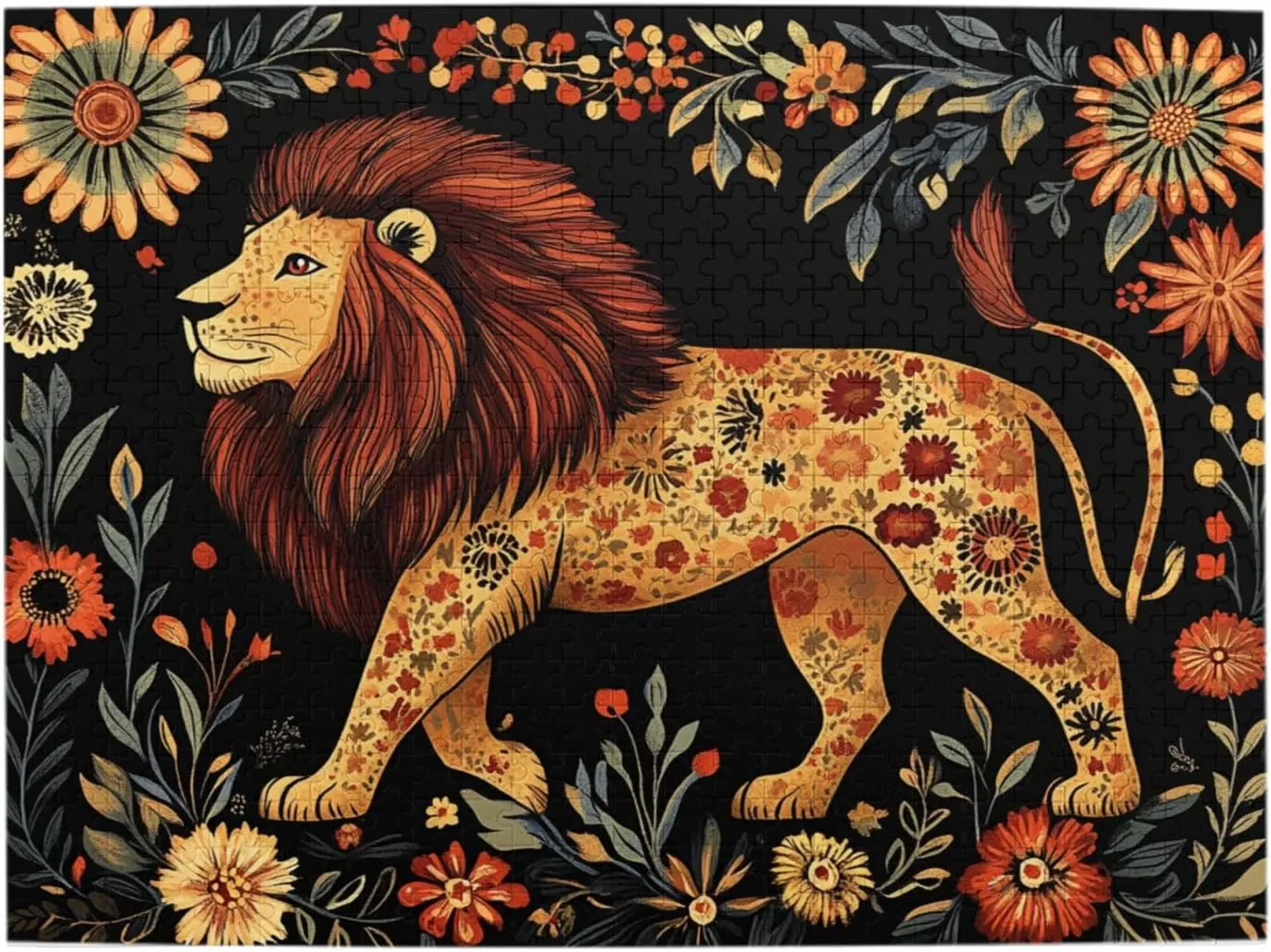 500-piece Wooden Puzzle - Lion in Floral Paradise,Detailed Animal Portrait with Blooms,Relaxing Focus Activity,Premium Precision-Cut Pieces，Enjoy The plzzles Solving Process