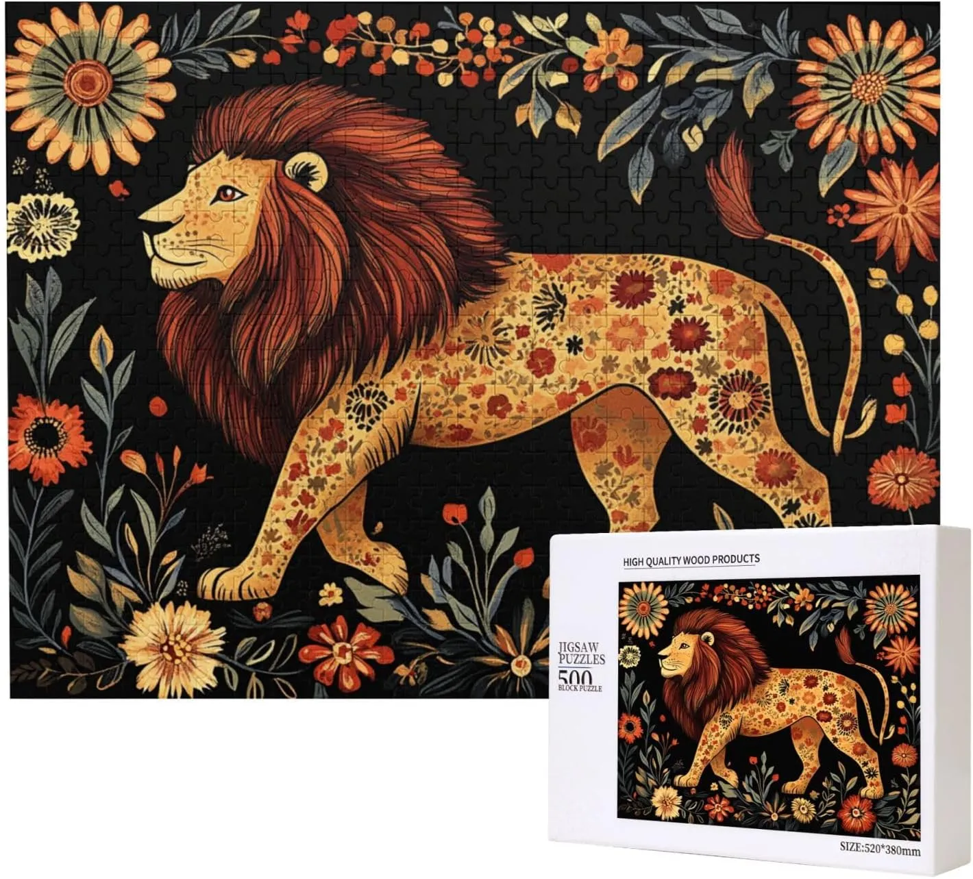500-piece Wooden Puzzle - Lion in Floral Paradise,Detailed Animal Portrait with Blooms,Relaxing Focus Activity,Premium Precision-Cut Pieces，Enjoy The plzzles Solving Process