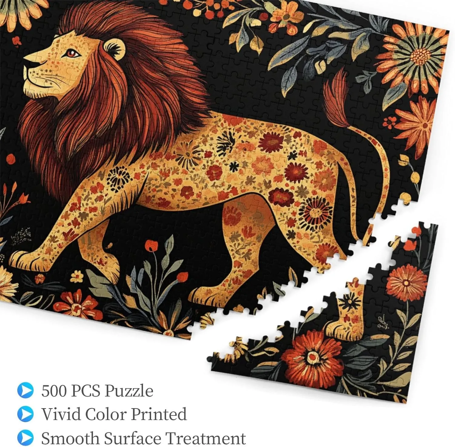 500-piece Wooden Puzzle - Lion in Floral Paradise,Detailed Animal Portrait with Blooms,Relaxing Focus Activity,Premium Precision-Cut Pieces，Enjoy The plzzles Solving Process