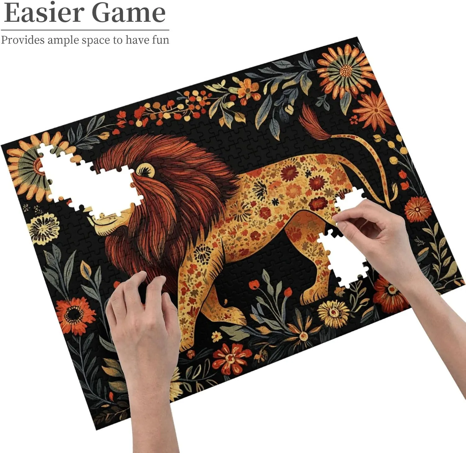 500-piece Wooden Puzzle - Lion in Floral Paradise,Detailed Animal Portrait with Blooms,Relaxing Focus Activity,Premium Precision-Cut Pieces，Enjoy The plzzles Solving Process