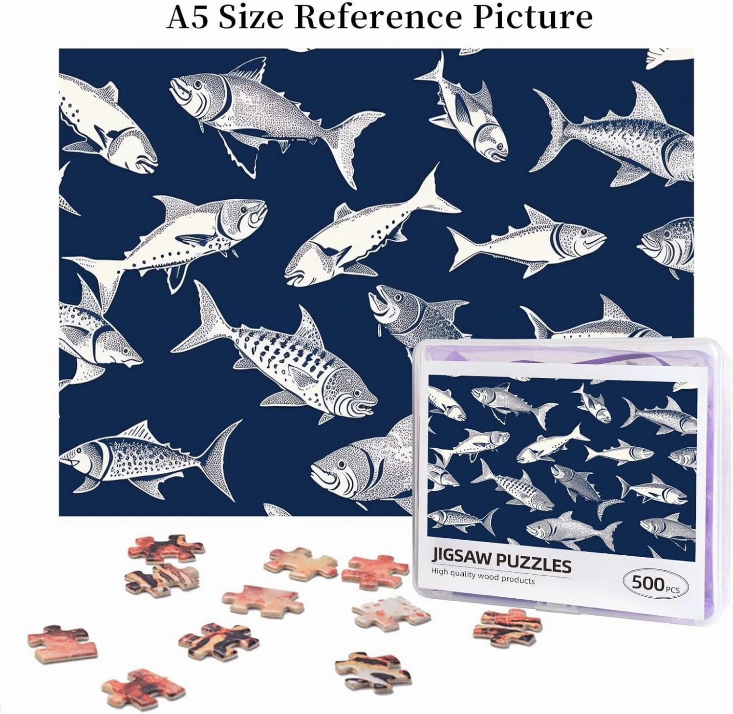 500 Piece Jigsaw Puzzle for Adults Challenging Puzzles for Game Nights Various Sea Fish Pattern Wooden Puzzle Personalized Custom Wood Puzzles for Family Picturepuzzle Finished Size 20.4"x15"