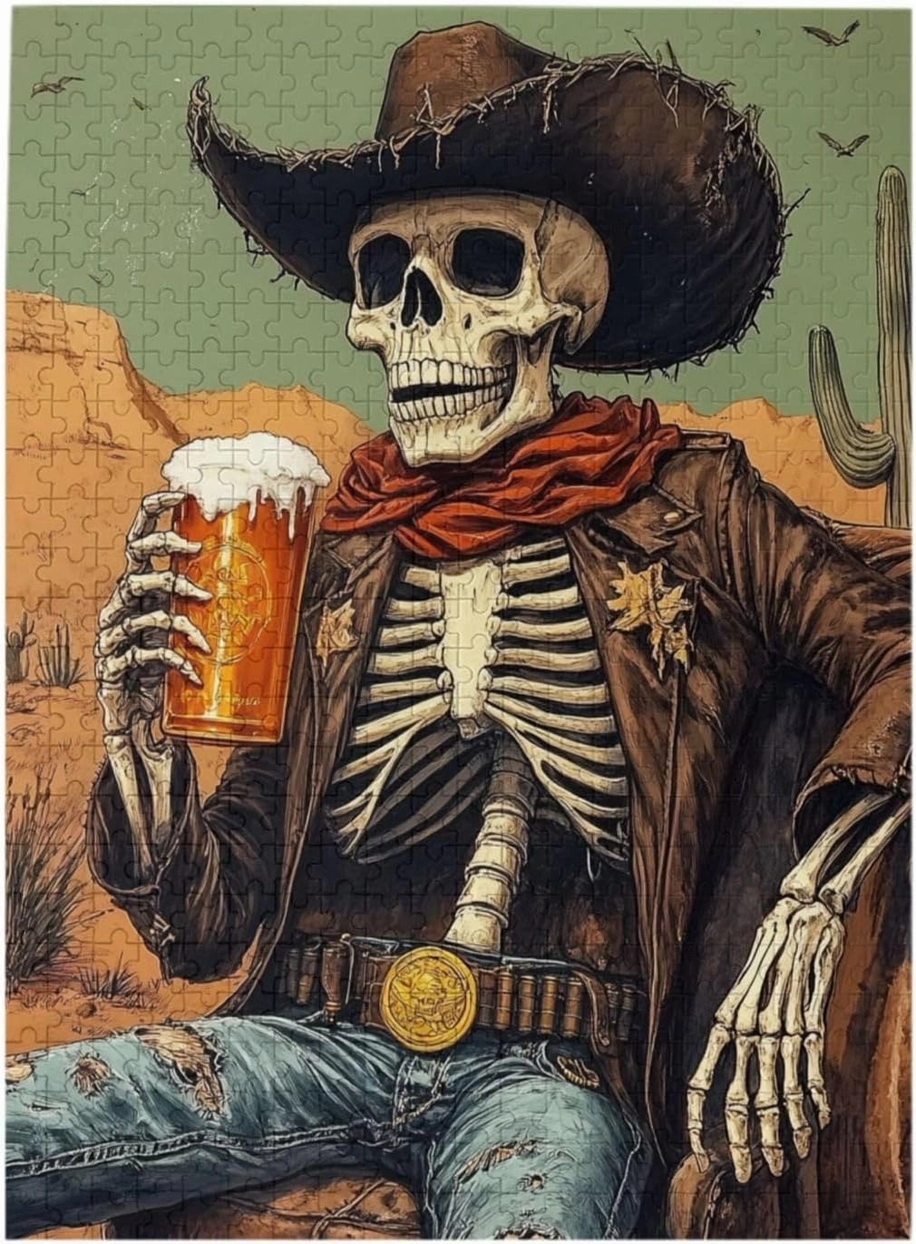500 Piece Wooden Puzzle for Adults,Thirsty Skeleton Cowboy Beer in Desert,Dark Humor Western Artwork,Brain Training Challenge, Stress Relief Activity,Gifts for Family and Friends