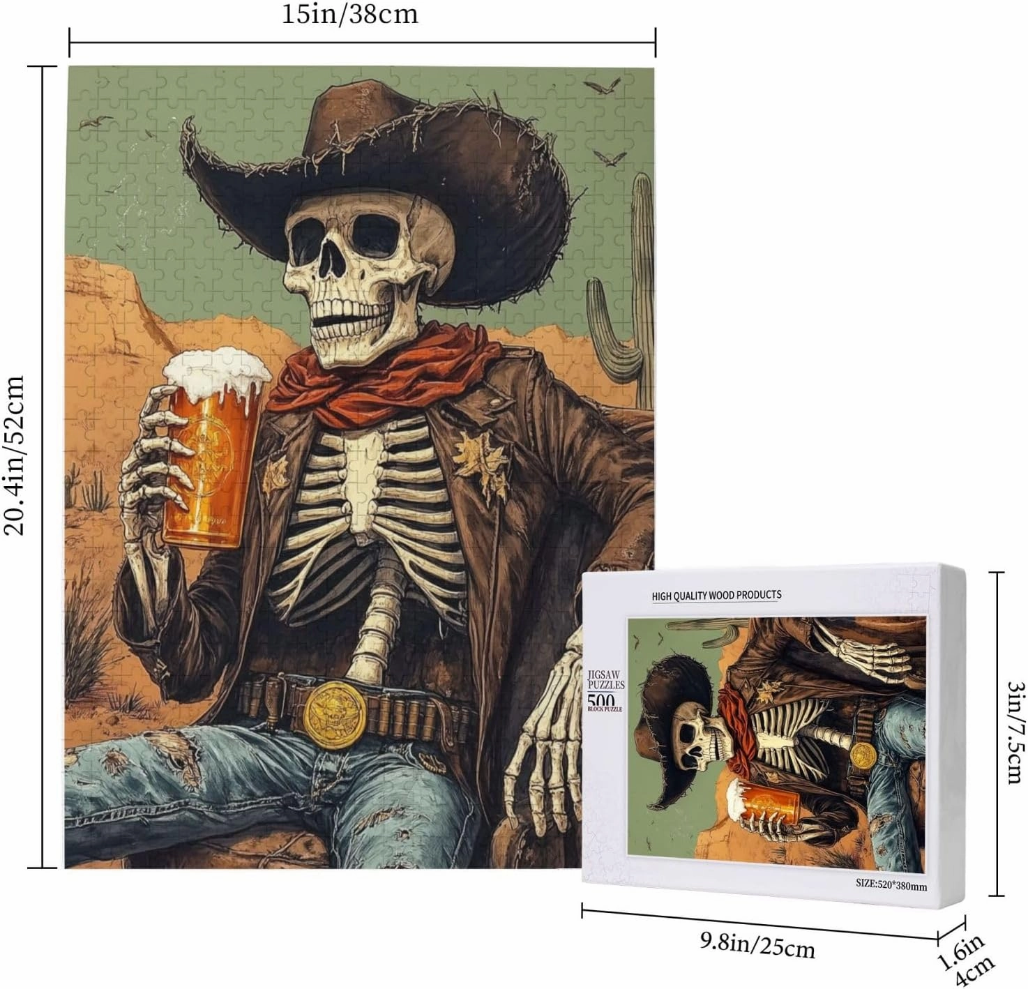 500 Piece Wooden Puzzle for Adults,Thirsty Skeleton Cowboy Beer in Desert,Dark Humor Western Artwork,Brain Training Challenge, Stress Relief Activity,Gifts for Family and Friends