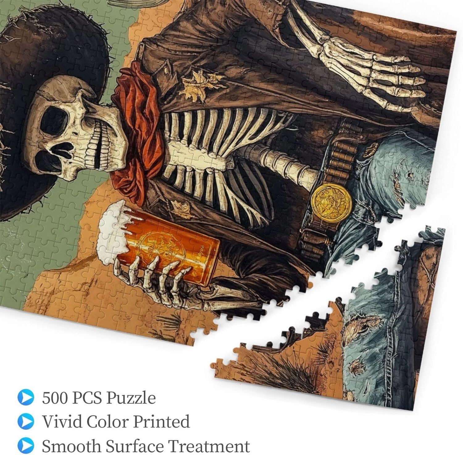 500 Piece Wooden Puzzle for Adults,Thirsty Skeleton Cowboy Beer in Desert,Dark Humor Western Artwork,Brain Training Challenge, Stress Relief Activity,Gifts for Family and Friends