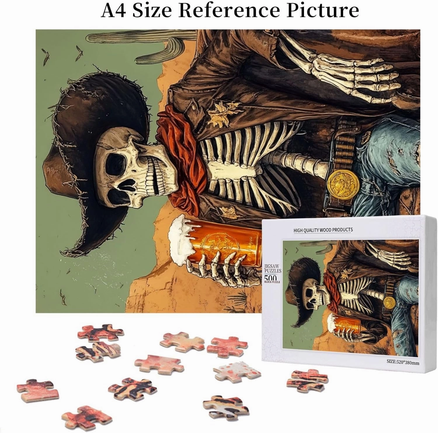 500 Piece Wooden Puzzle for Adults,Thirsty Skeleton Cowboy Beer in Desert,Dark Humor Western Artwork,Brain Training Challenge, Stress Relief Activity,Gifts for Family and Friends