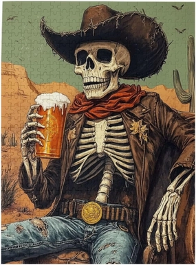 500 Piece Wooden Puzzle for Adults,Thirsty Skeleton Cowboy Beer in Desert,Dark Humor Western Artwork,Brain Training Challenge, Stress Relief Activity,Gifts for Family and Friends