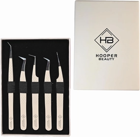 5 Pcs Eye Lash Extension Tweezers Set, Includes Russian Volume, 45° 14cm Isolation, 90° New, 65° Volume, Pro Straight Isolation, Diamond Cut Handle, 5-Piece Beige Card Box
