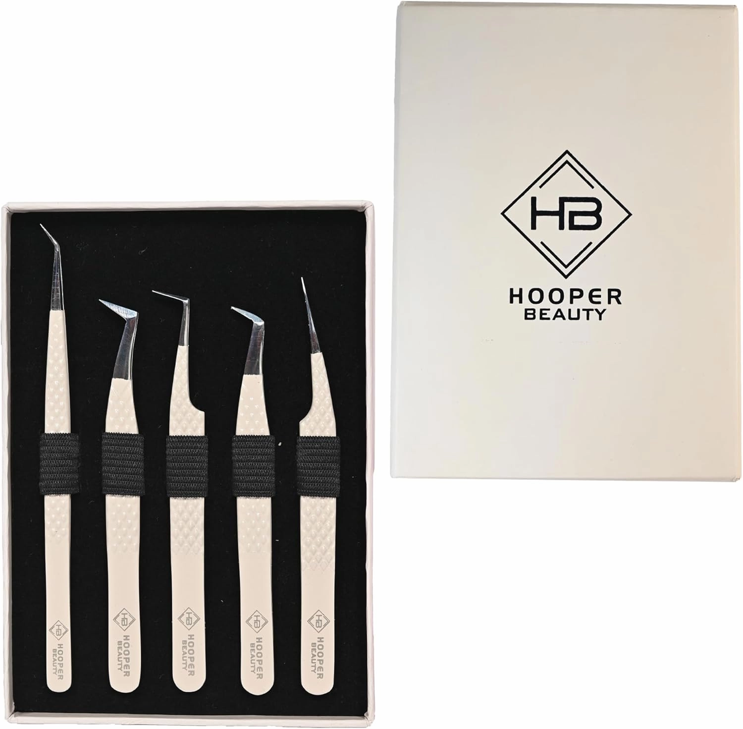 5 Pcs Eye Lash Extension Tweezers Set, Includes Russian Volume, 45° 14cm Isolation, 90° New, 65° Volume, Pro Straight Isolation, Diamond Cut Handle, 5-Piece Beige Card Box