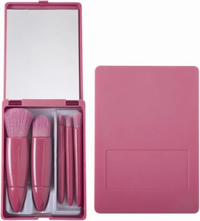 5 Piece Morandi Travel Portable mini Makeup Brush Set with Mirror Multi-Functional Powder Brush Foundation Beauty Brush kit(Red)