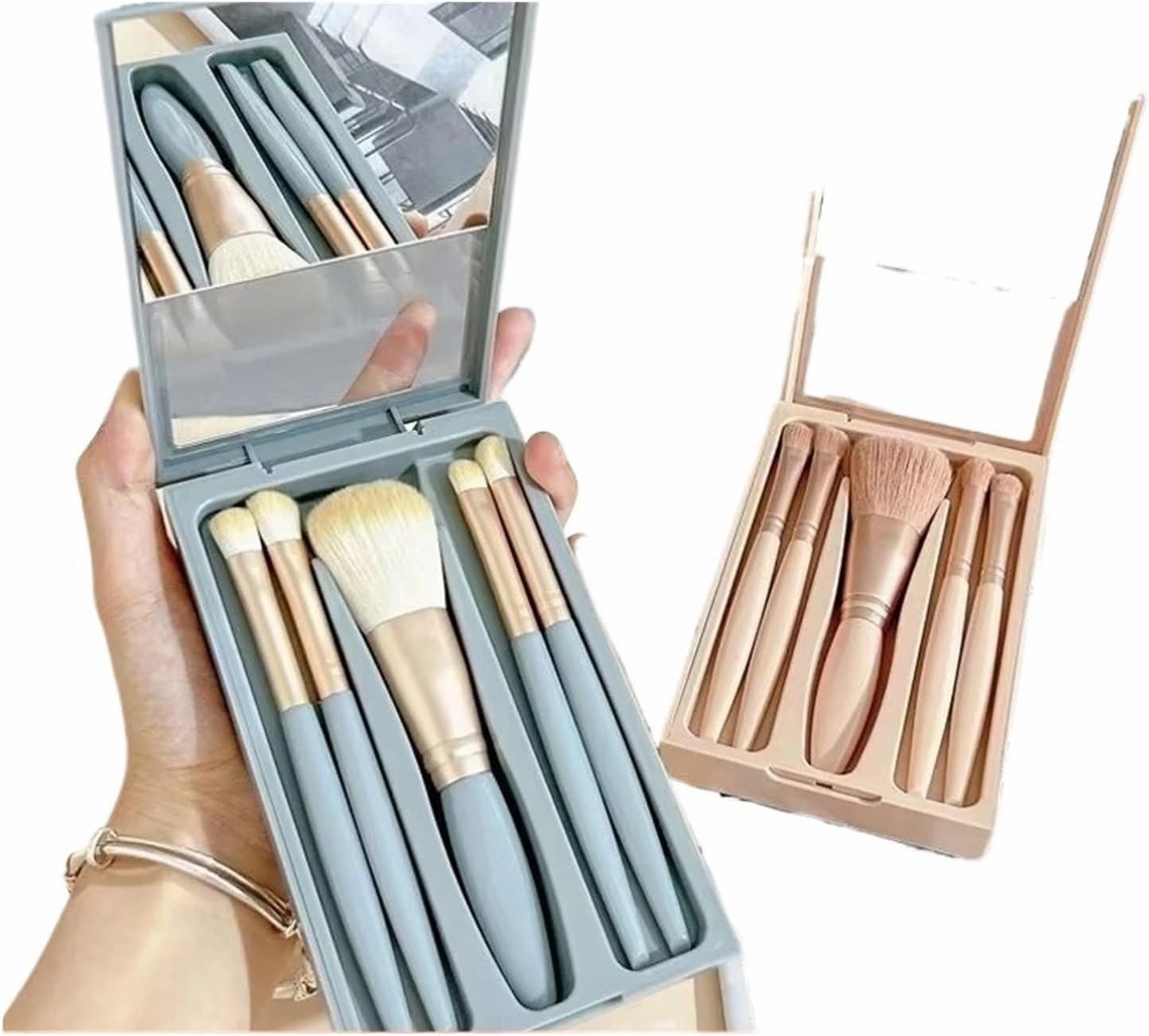 5 Piece Morandi Travel Portable mini Makeup Brush Set with Mirror Multi-Functional Powder Brush Foundation Beauty Brush kit(Red)