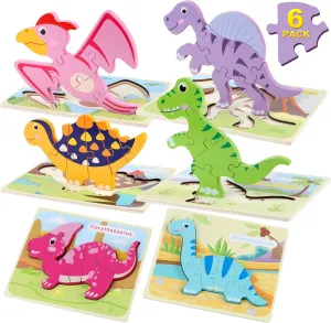 6 Pieces Set of Wooden Dinosaur Puzzles for Children 1-5 Years Old, Wooden Puzzle for Montessori Learning for Toddlers, Preschool Educational Toys, 3D Dinosaur Puzzles for Boys and Girls Gift