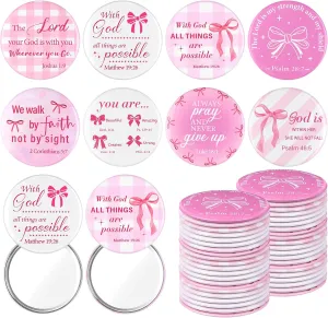 64 Pcs Pink Bow Coquette Mini Compact Bible Mirrors Inspirational Appreciation Employee Gifts Bulk for Women Portable Round Pocket Makeup Mirror for Bridal Souvenir Pink Party Favors