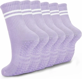 6 Pairs Pilates Socks with Grips for Women, Non-Slip Yoga Striped Crew Socks for Barre Hospital Workout