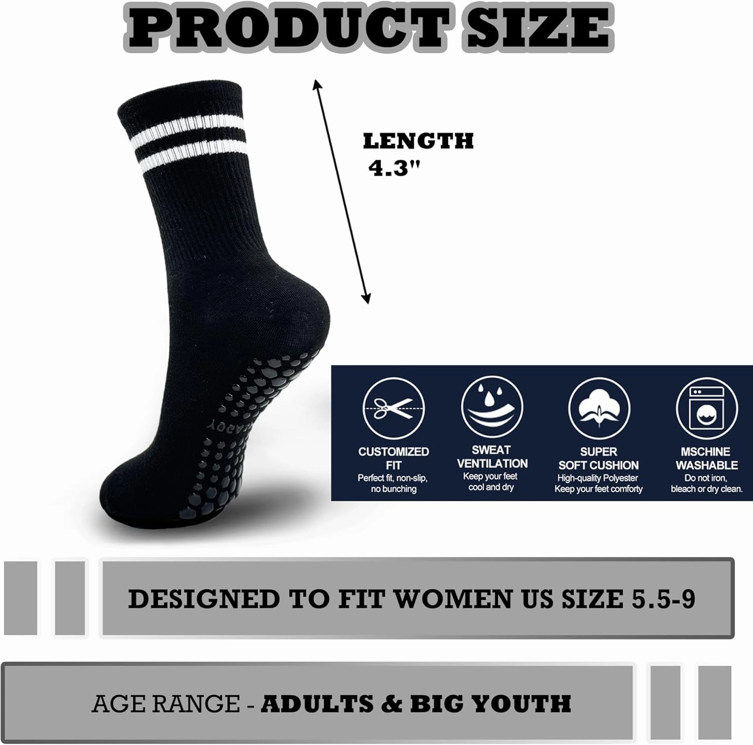 6 Pairs Pilates Socks with Grips for Women, Non-Slip Yoga Striped Crew Socks for Barre Hospital Workout
