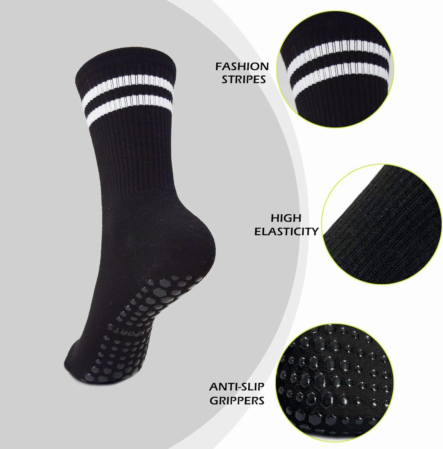 6 Pairs Pilates Socks with Grips for Women, Non-Slip Yoga Striped Crew Socks for Barre Hospital Workout