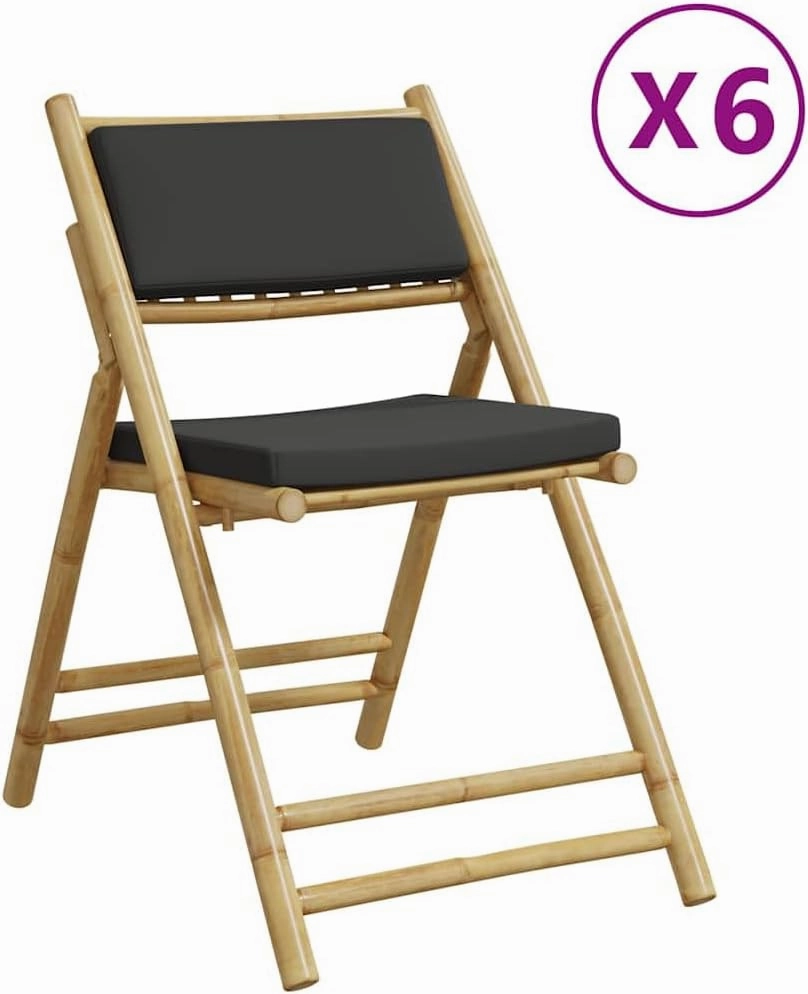 6-Piece Bamboo Folding Patio Chairs with Dark Gray Cushions, Outdoor Furniture Set for Dining Camping Poolside Reading