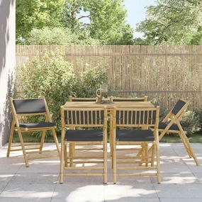 6-Piece Bamboo Folding Patio Chairs with Dark Gray Cushions, Outdoor Furniture Set for Dining Camping Poolside Reading