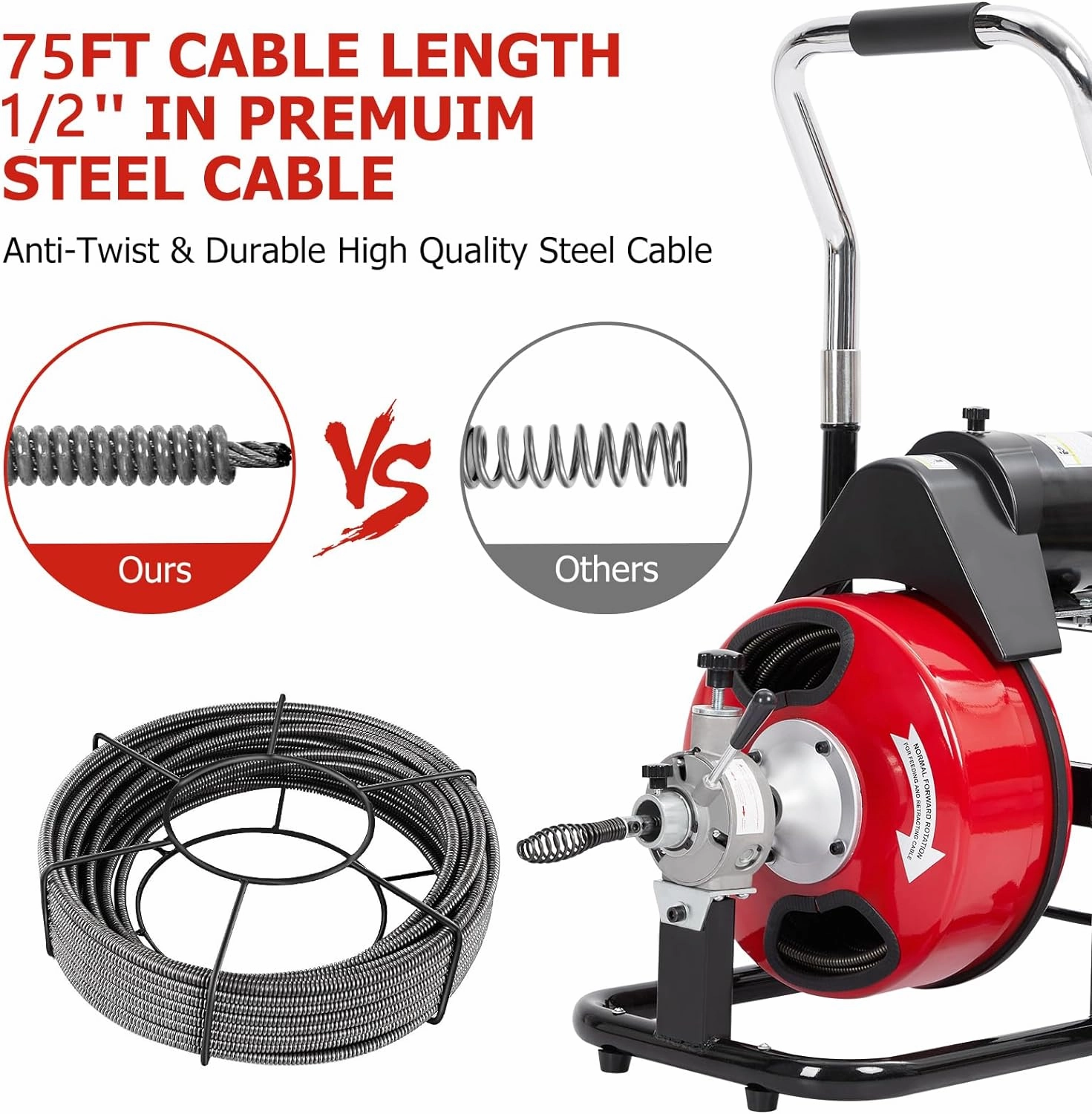 75 FT x 1/2 Inch Drain Cleaner Machine with 370W Motor, Auto Feed Sewer Snake Auger with 8 Cutters & Air-activated Foot Switch, Semi-Enclosed Drum Drain Cleaning Tool for 2" to 4" Pipes