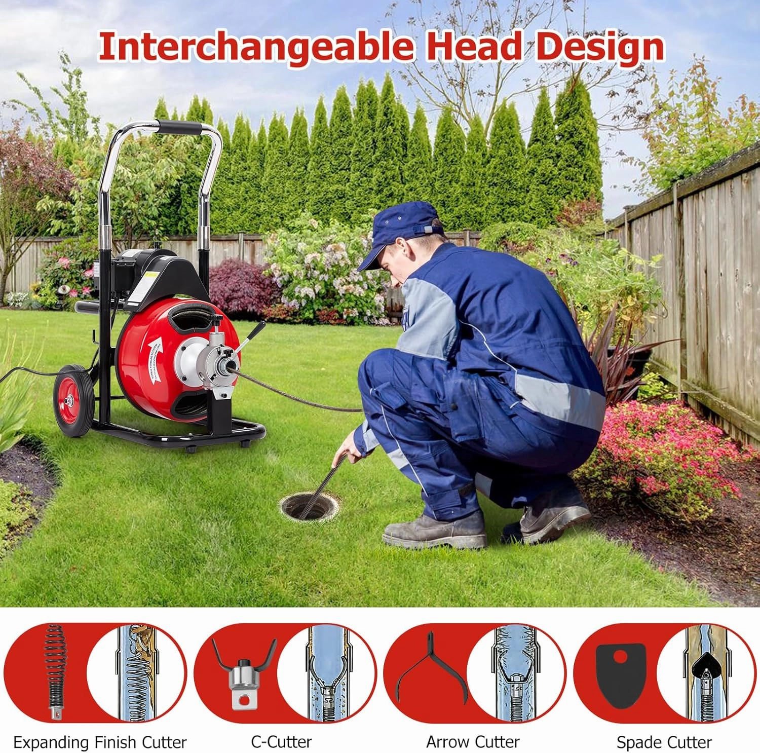 75 FT x 1/2 Inch Drain Cleaner Machine with 370W Motor, Auto Feed Sewer Snake Auger with 8 Cutters & Air-activated Foot Switch, Semi-Enclosed Drum Drain Cleaning Tool for 2" to 4" Pipes