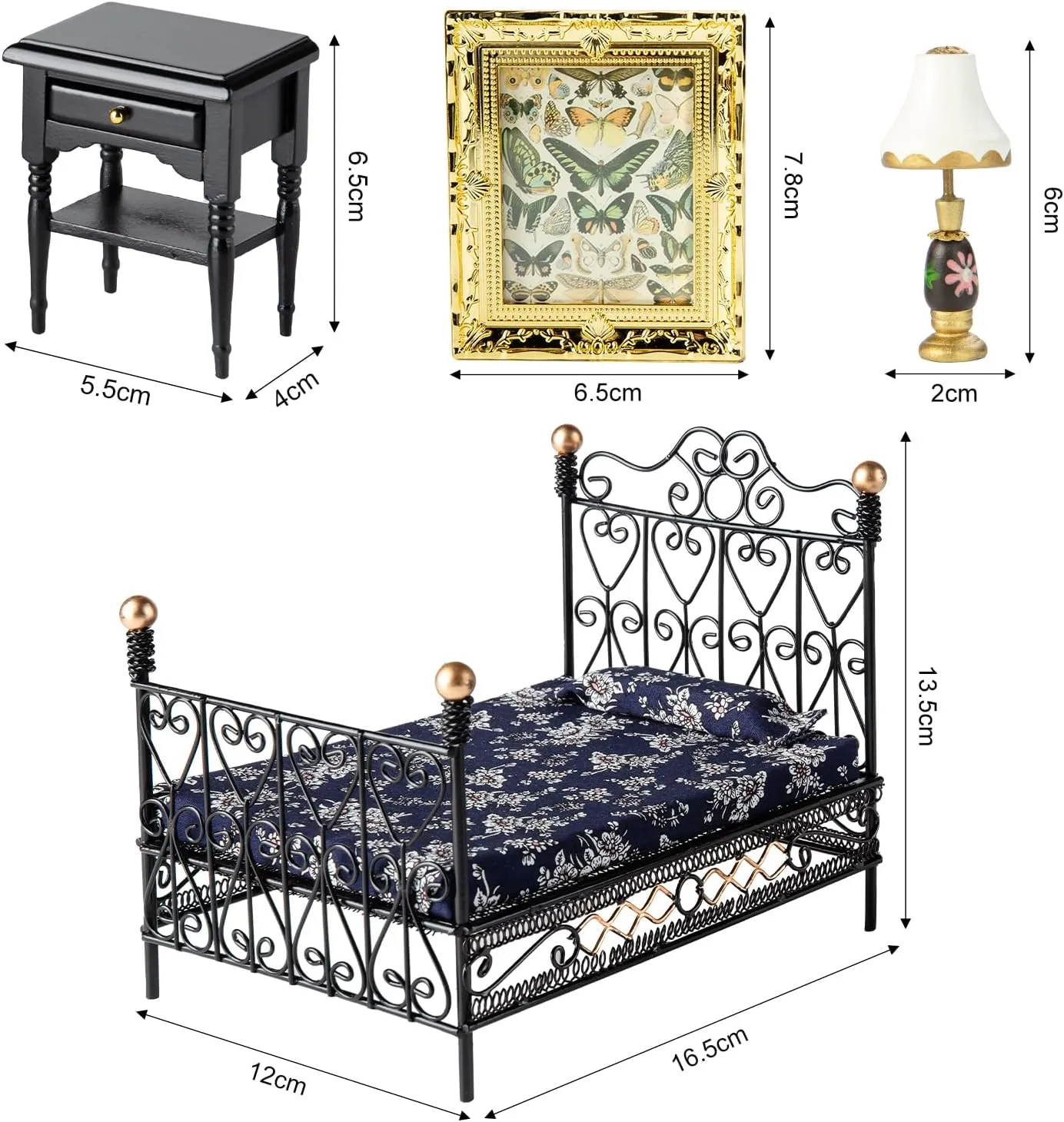 8Pcs 1:12 Dollhouse Bedroom Furniture Set Miniature Black Metal Bed with Bedding, Wooden Bedside Table, Lamp, Books, Murals for Master Bedroom Dollhouse Furniture Decorations Accessories