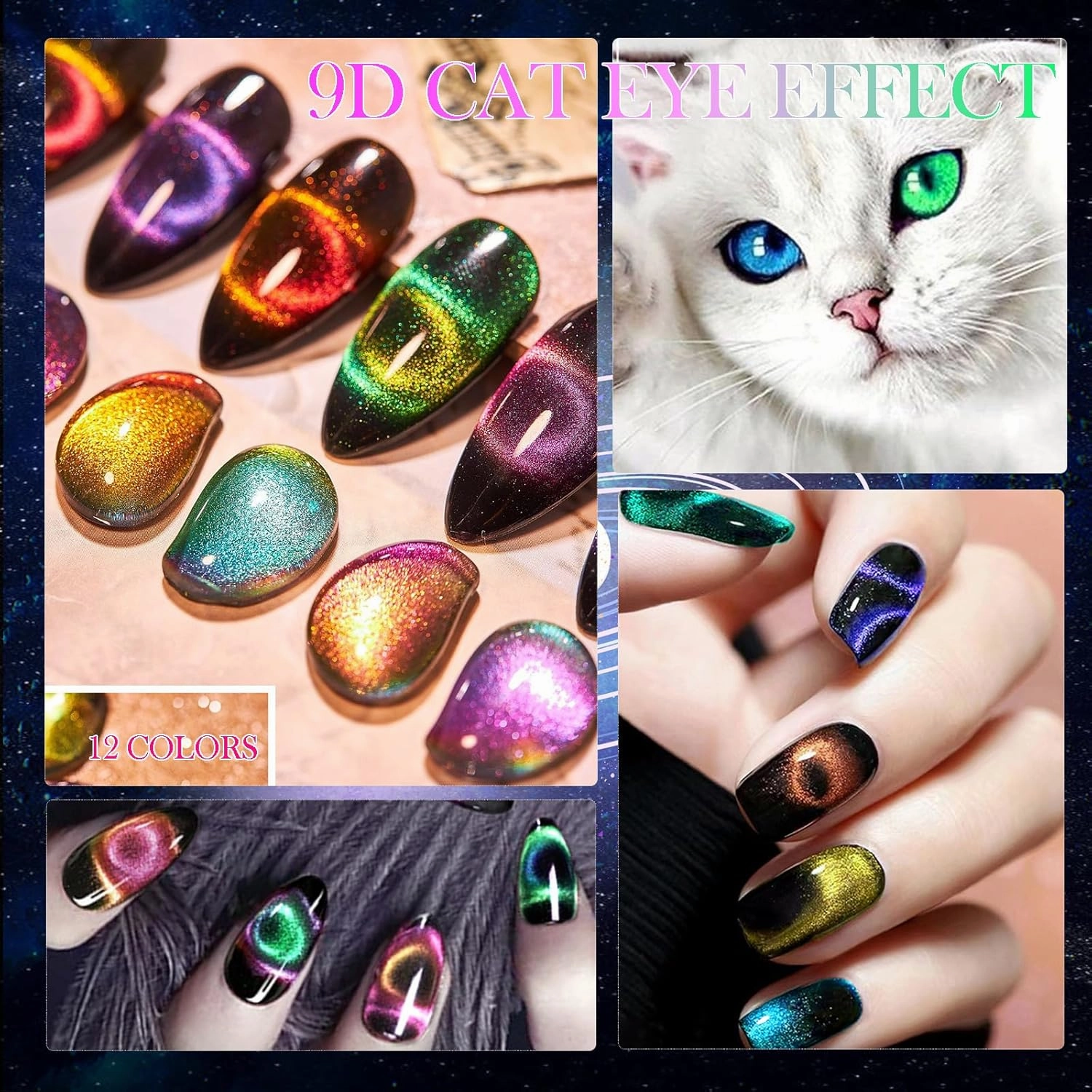 9D Cat Eye Gel Nail Polish Set 12 Colors, Cat Eye Gel Polish with Magnet, Magnetic Cateye Chameleon Galaxy Effects Professional Use for Salon