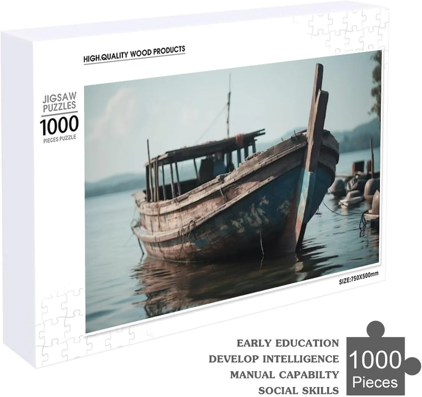 Abandoned Fishing Boat Moored On Tranquil Coastline 1000 Piece Jigsaw Puzzles for Adults Jigsaw Puzzles 1000 Pieces Puzzle Game for Family Parent-Child Holiday Puzzles for Educational 29.5x19.7 Inch