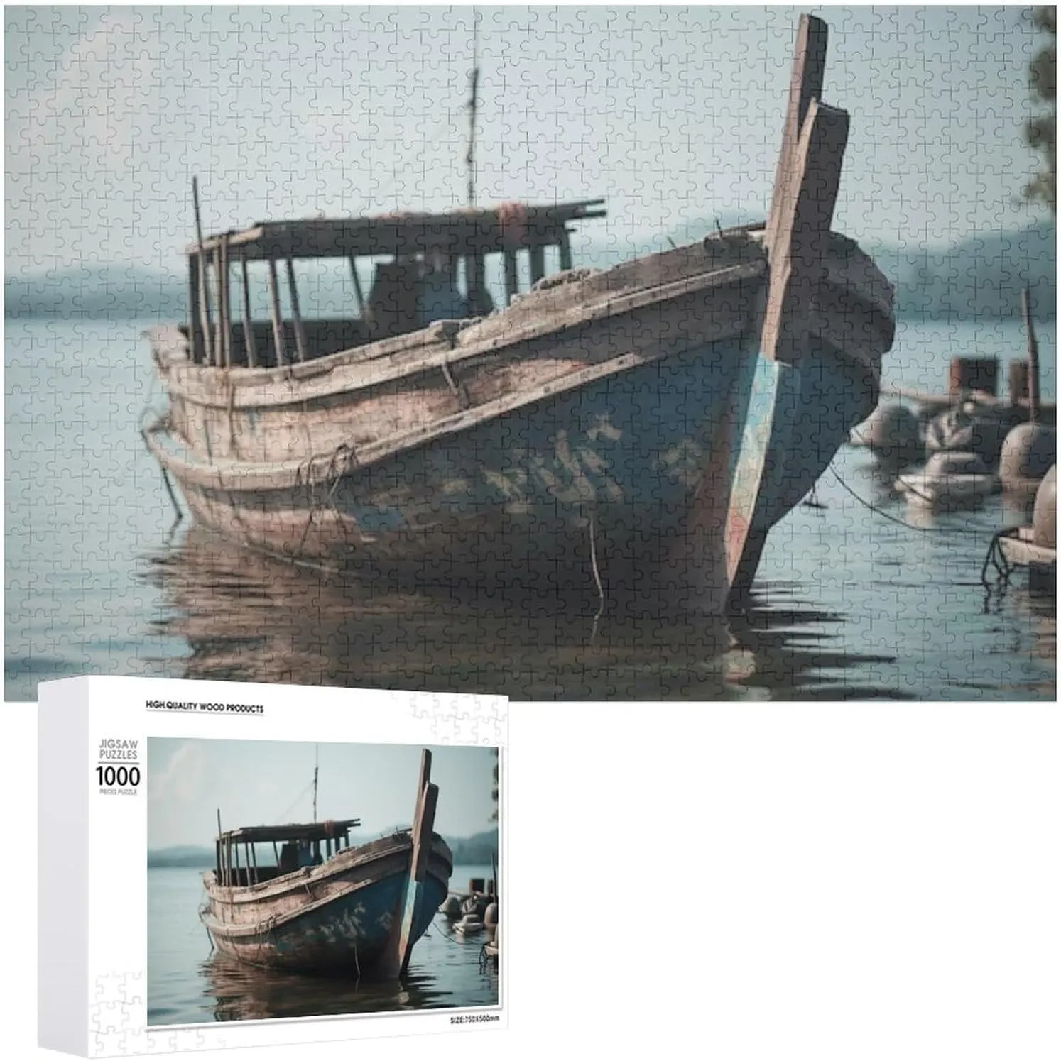 Abandoned Fishing Boat Moored On Tranquil Coastline 1000 Piece Jigsaw Puzzles for Adults Jigsaw Puzzles 1000 Pieces Puzzle Game for Family Parent-Child Holiday Puzzles for Educational 29.5x19.7 Inch