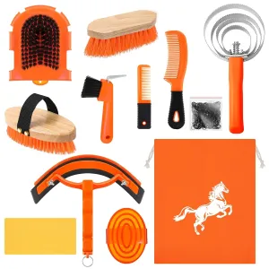 Abbylike 12 Pieces Horse Grooming Kit Racing Festival Tack Room Supplies Horse Brush Sets Equine Care Cleaning Kit Shedding Grooming Massaging Tools(Orange)