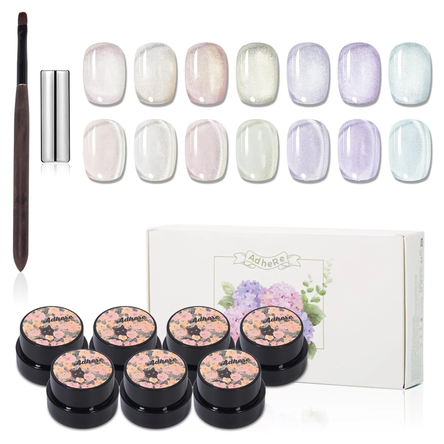 ADHERE 7pcs Translucent Cat Eye Gel Polish Set with Magnetic Stick and Brush, Holographic Glitter Cat Eye Gel Polish Nail Varnish UV LED Nail Polish for Salon